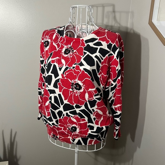 ALFRED DUNNER RedBlack Festive Floral Sweater Bead Sequin Pullover Sz PL Holiday - Picture 1 of 4